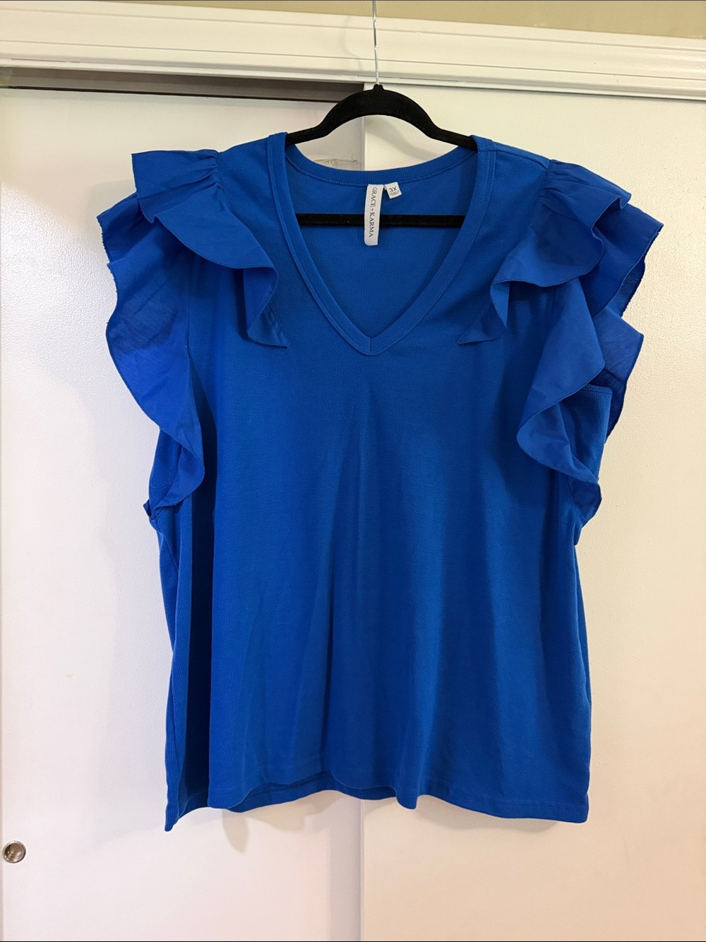 Ruffle Sleeve V-Neck Tank Top - Bright Blue